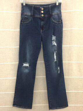 High Waisted 3 Button Flare Jeans Distressed Medium Wash Size 28